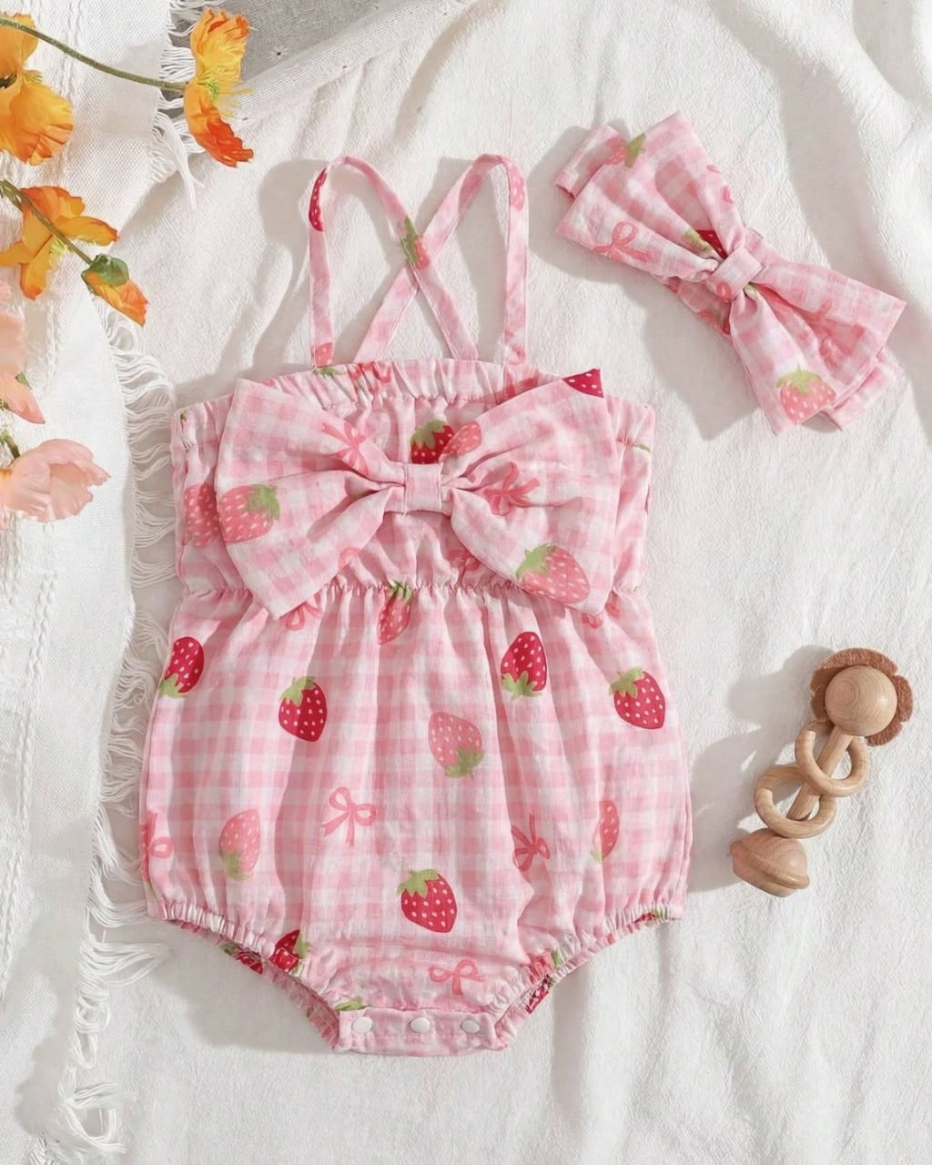 Newborn Strawberry Printed Off-Shoulder Romper & Headband Set | 1M - 6M