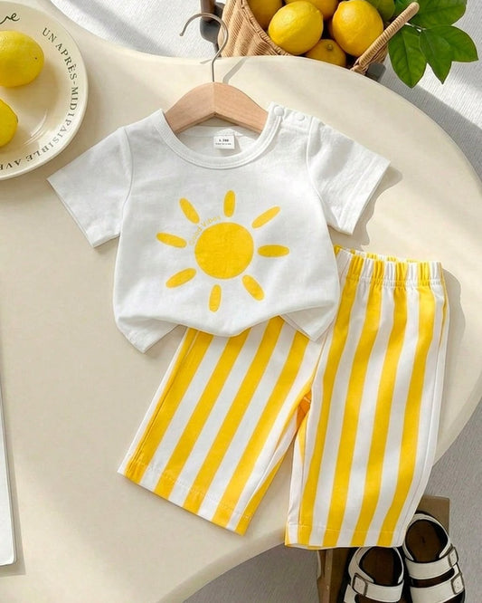 Newborn Countryside Style Yellow Sun Printed Tee & Yellow Striped Pants Set | 0M - 6M