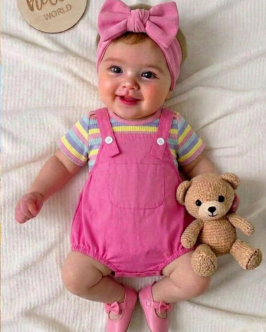 Newborn Pink Romper with Striped Top & Headband Set | 0M - 3M