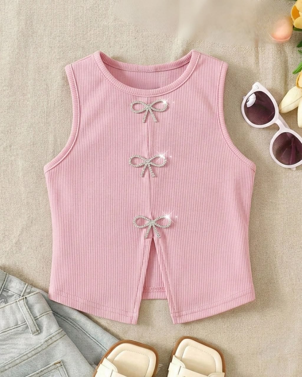 Young Girls Pink Knit Rhinestone Bow Embellishments Round Neck Top | 4Y - 7Y
