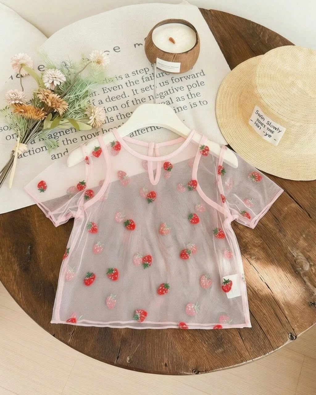 Young Girls Sheer Pink Strawberry Embroidered Mesh Top | 4Y - 7Y