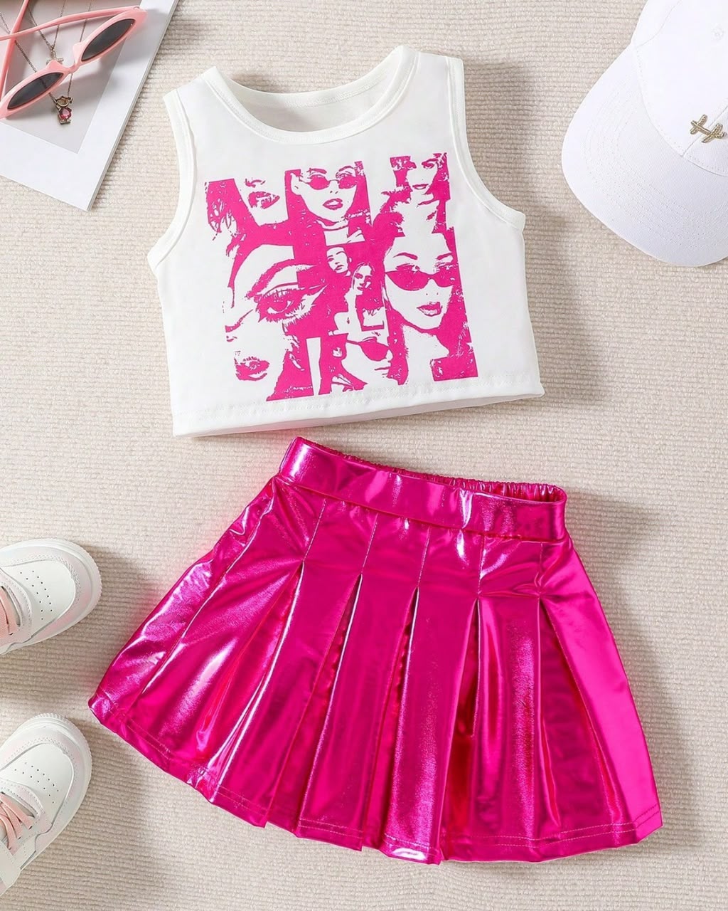 Young Girls Portrait Print Tank Top & Glossy Pleated Skirt | 4Y - 7Y