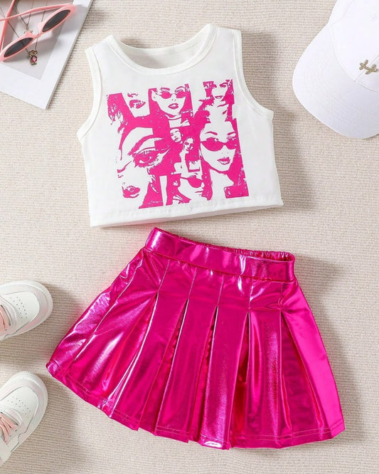 Young Girls Portrait Print Tank Top & Glossy Pleated Skirt | 4Y - 7Y