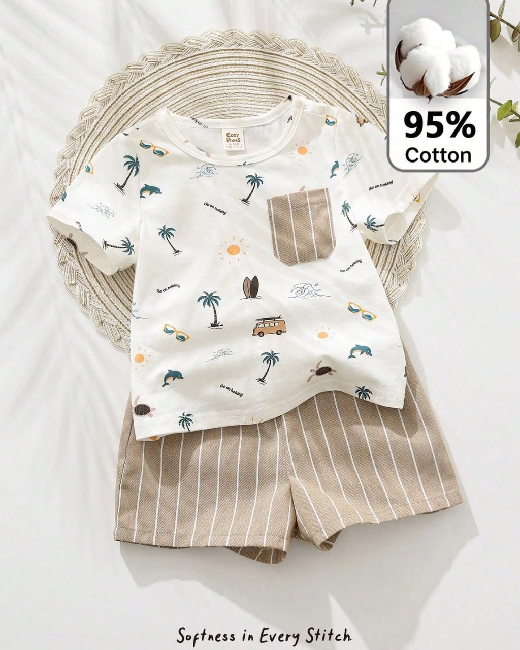 Newborn Round Neck Graphic Print Short Sleeve Top & Elastic Waist Shorts Set | 0M - 6M