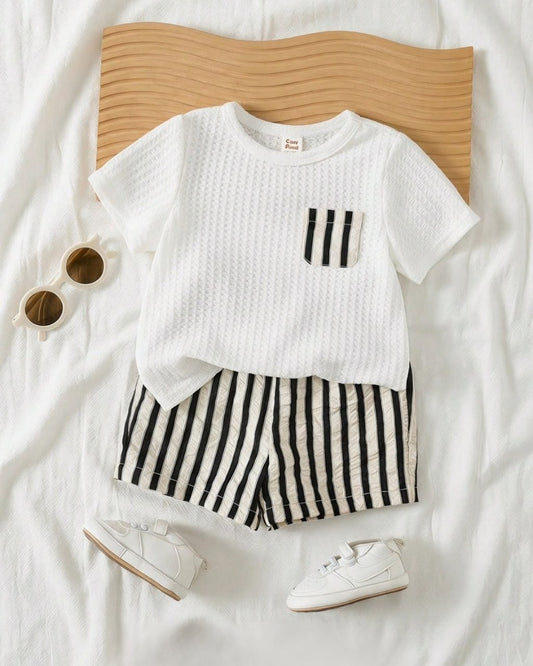 Baby Boys Striped Pocket Round Neck Short Sleeve Top & Elastic Waist Shorts Set | 6M - 3Y