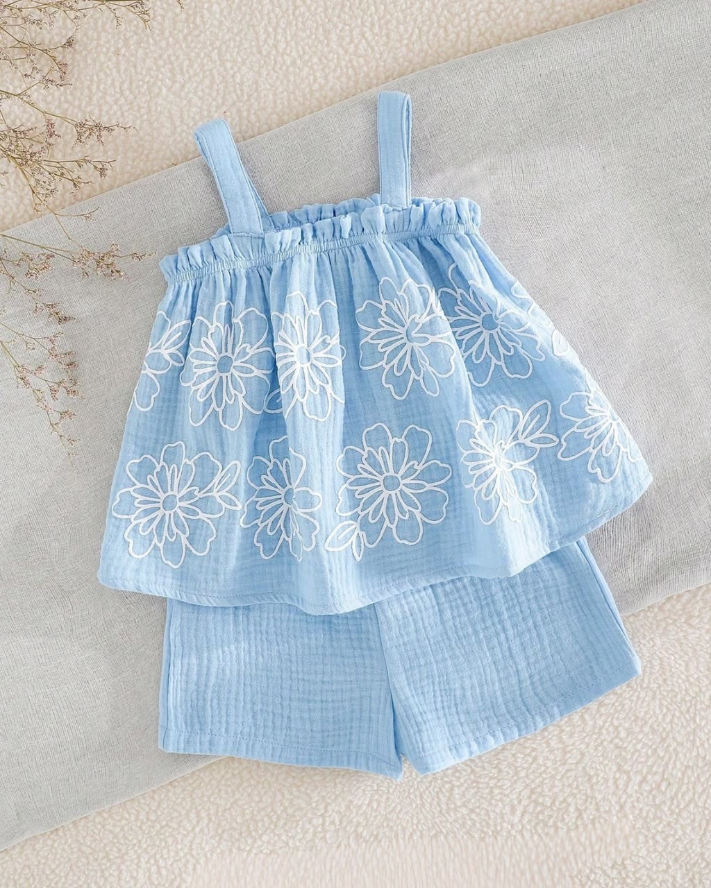 Baby Girls Plant & Floral Pattern Bib Overalls Top & Elastic Waist Shorts Set | 6M - 3Y