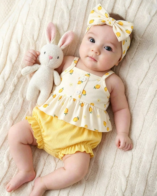 Newborn Summer New Printed Pattern Cute Triangle Bodysuit Set With Headband | 0M - 6M