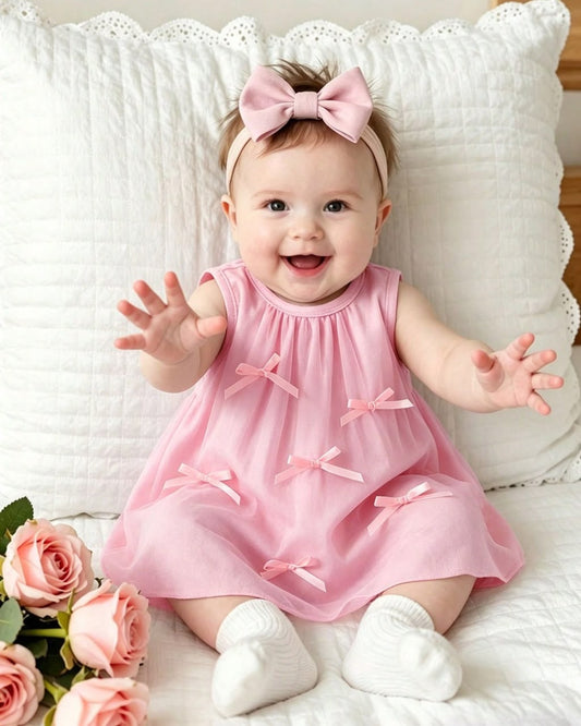 Newborn Light Pink Mesh Bow Decor Sleeveless Tank Dress | 0M - 6M