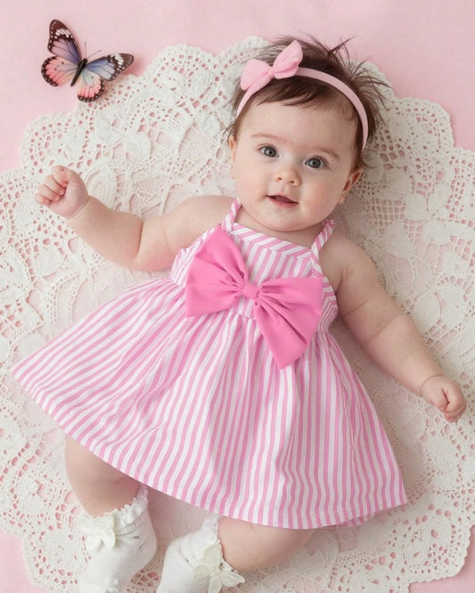 Newborn Light Pink & White Striped Sleeveless Strappy Dress | 0M - 6M