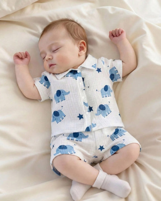 Newborn Cartoon Elephant & Stars Printed Tee & Shorts Set | 0M - 6M