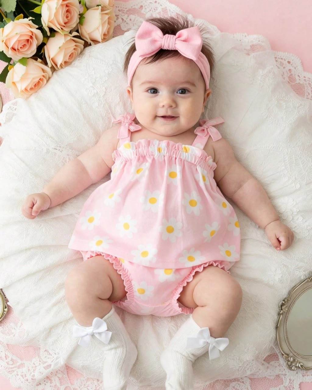 Newborn Daisy Printed Pink Dress & Shorts Set | 0M - 6M