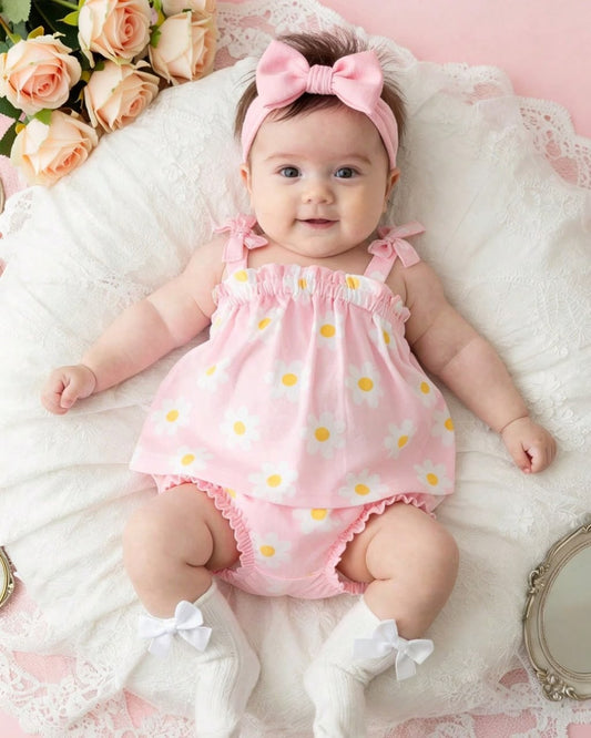 Newborn Daisy Printed Pink Dress & Shorts Set | 0M - 6M