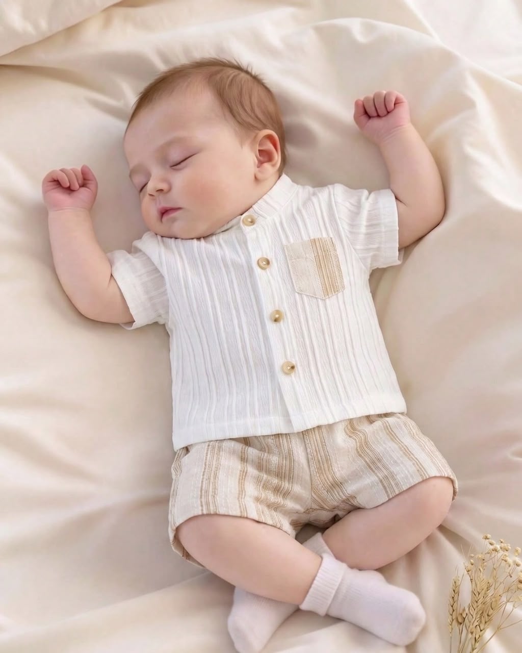 Newborn Short Sleeve Vertical Texture Shirt & Striped Shorts Set | 0M - 6M