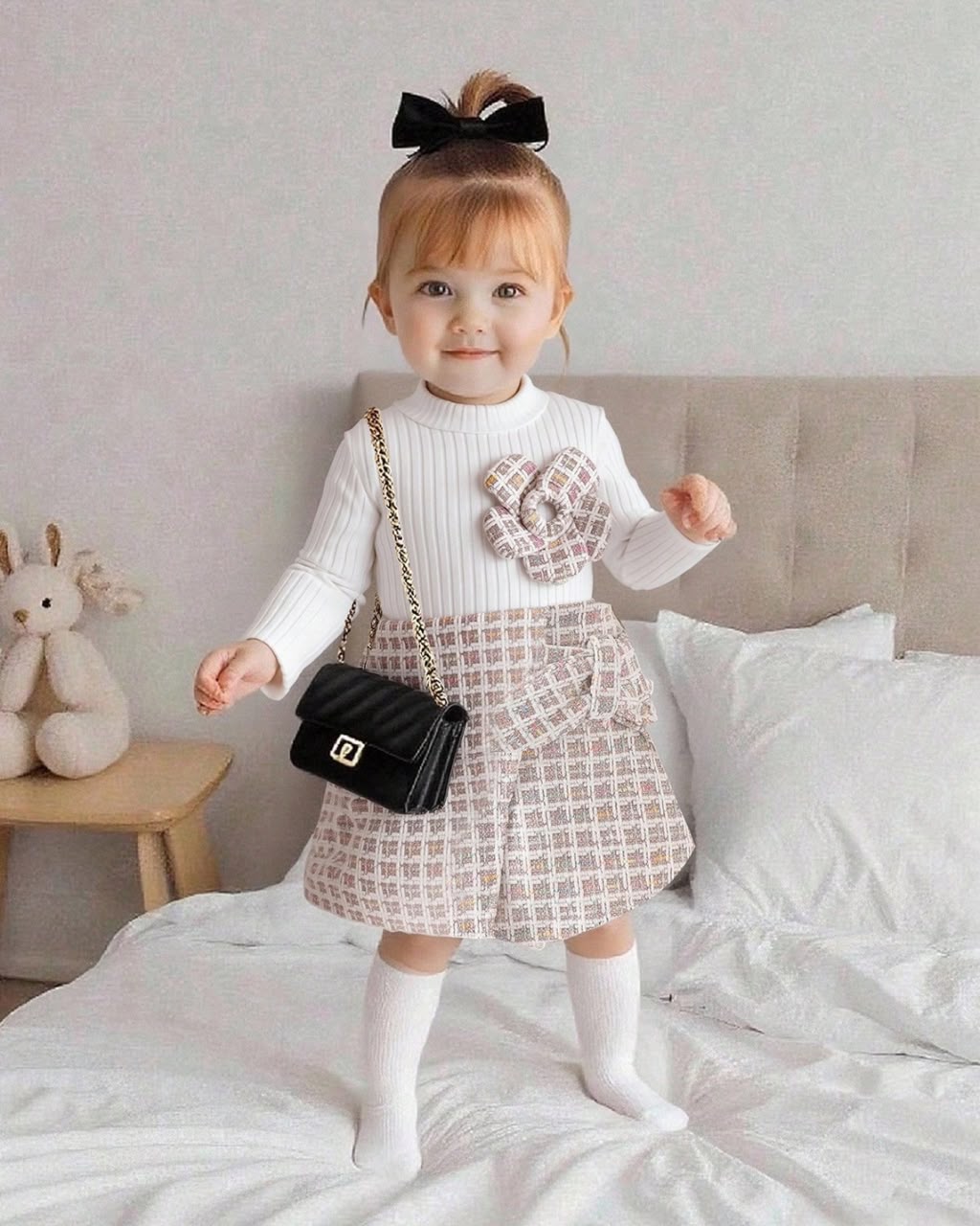 Baby Girls Ribbed Stand Collar Long Sleeve Top & Plaid Skirt Set | 6M - 18M