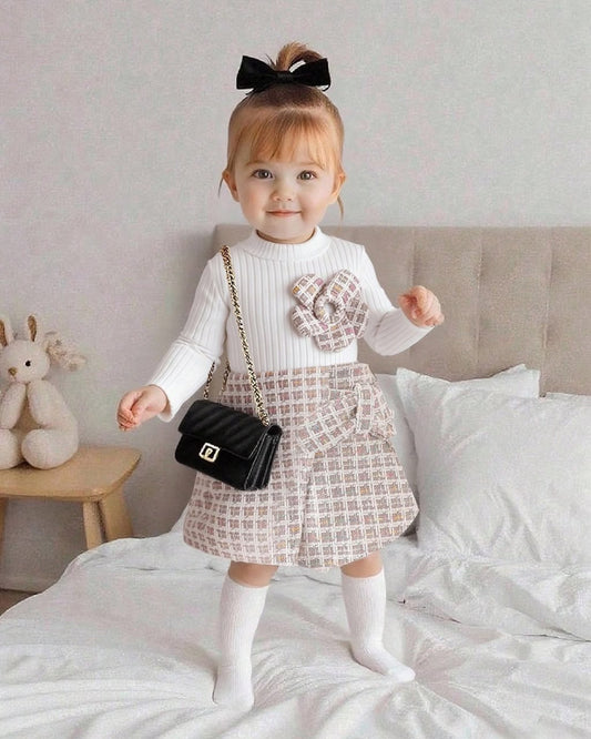 Baby Girls Ribbed Stand Collar Long Sleeve Top & Plaid Skirt Set | 6M - 18M