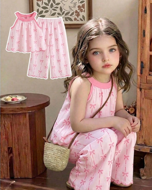 Young Girls Vertical Striped Bow Printed Sleeveless Top & Wide Leg Pants Set | 4Y - 7Y