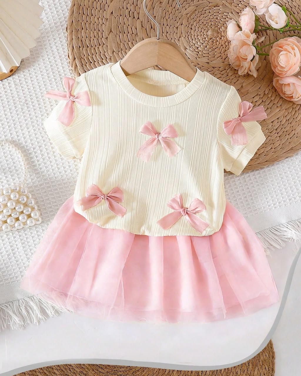 Baby Girls Apricot Knit Short Sleeve Bow Top & Mesh Skirt Set | 3M - 3Y