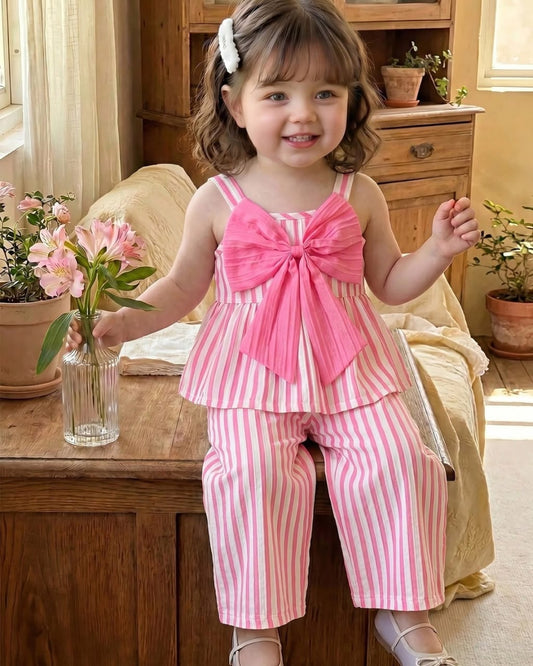 Baby Girls Large Bow Embroidered Striped Cami Top & Pants Set | 6M - 3Y