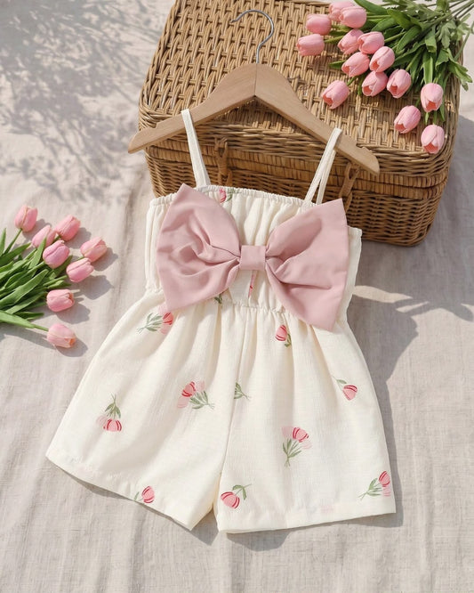 Baby Girls Tulips Printed Bow Embroidered Romper | 3M - 3Y