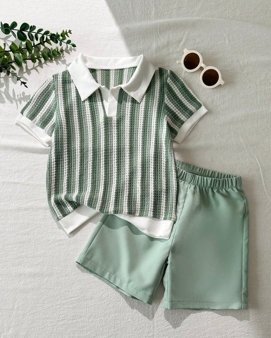 Young Boys Vertical Striped Green & White Knitted Polo Shirt & Casual Green Shorts | 4Y - 7Y
