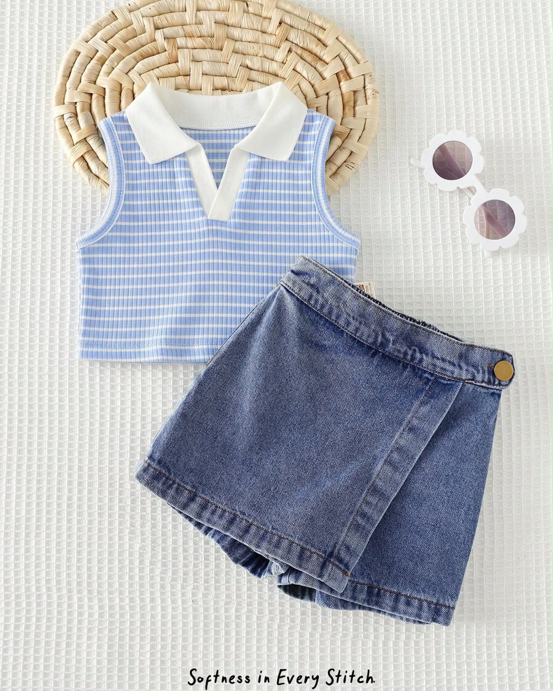 Baby Girls Polo Tank Top & Denim Skort | 6M - 3Y