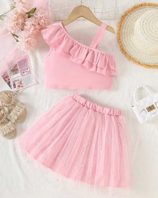 Young Girls Double Ruffle Hem Camisole Top & Sequin Star Mesh Tulle Skirt | 4Y - 7Y