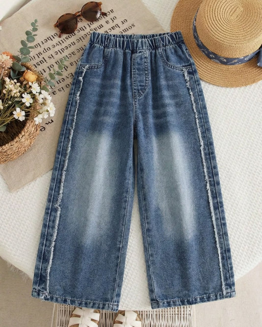 Young Girls Casual Blue Loose Straight Leg Style With Fringe Patchwork Denim | 4Y - 5Y