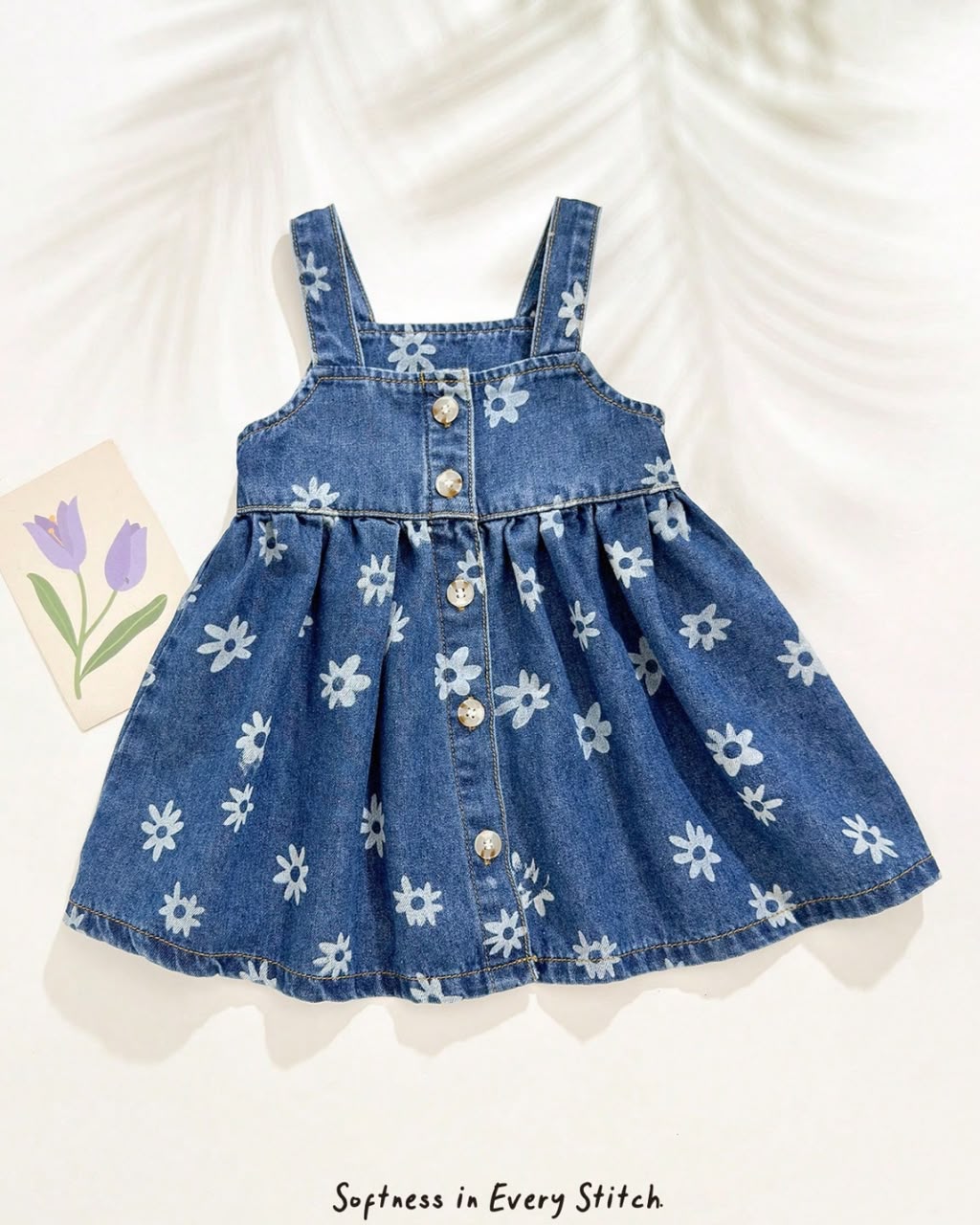 Baby Girls Floral Pattern Sleeveless Waisted Denim Dress | 6M - 3Y