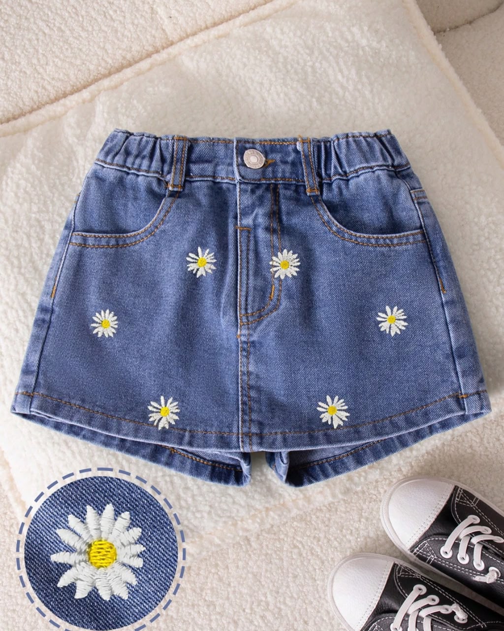 Young Girls White Daisy Embroidered Denim Skort | 4Y - 6Y