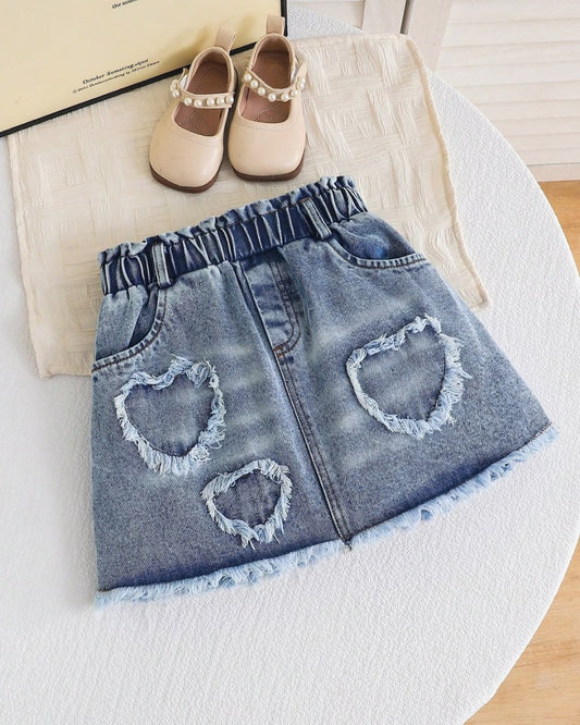 Young Girls Light Washed Heart Shaped Ripped Denim Skirt | 4Y - 7Y