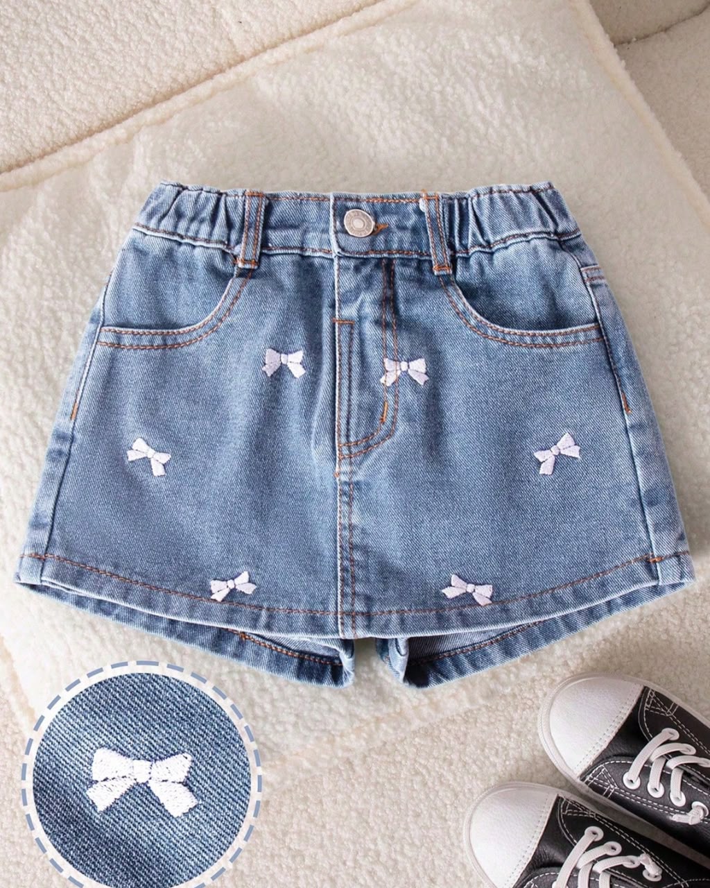 Young Girls White Bow Embroidered Denim Skort | 4Y - 6Y