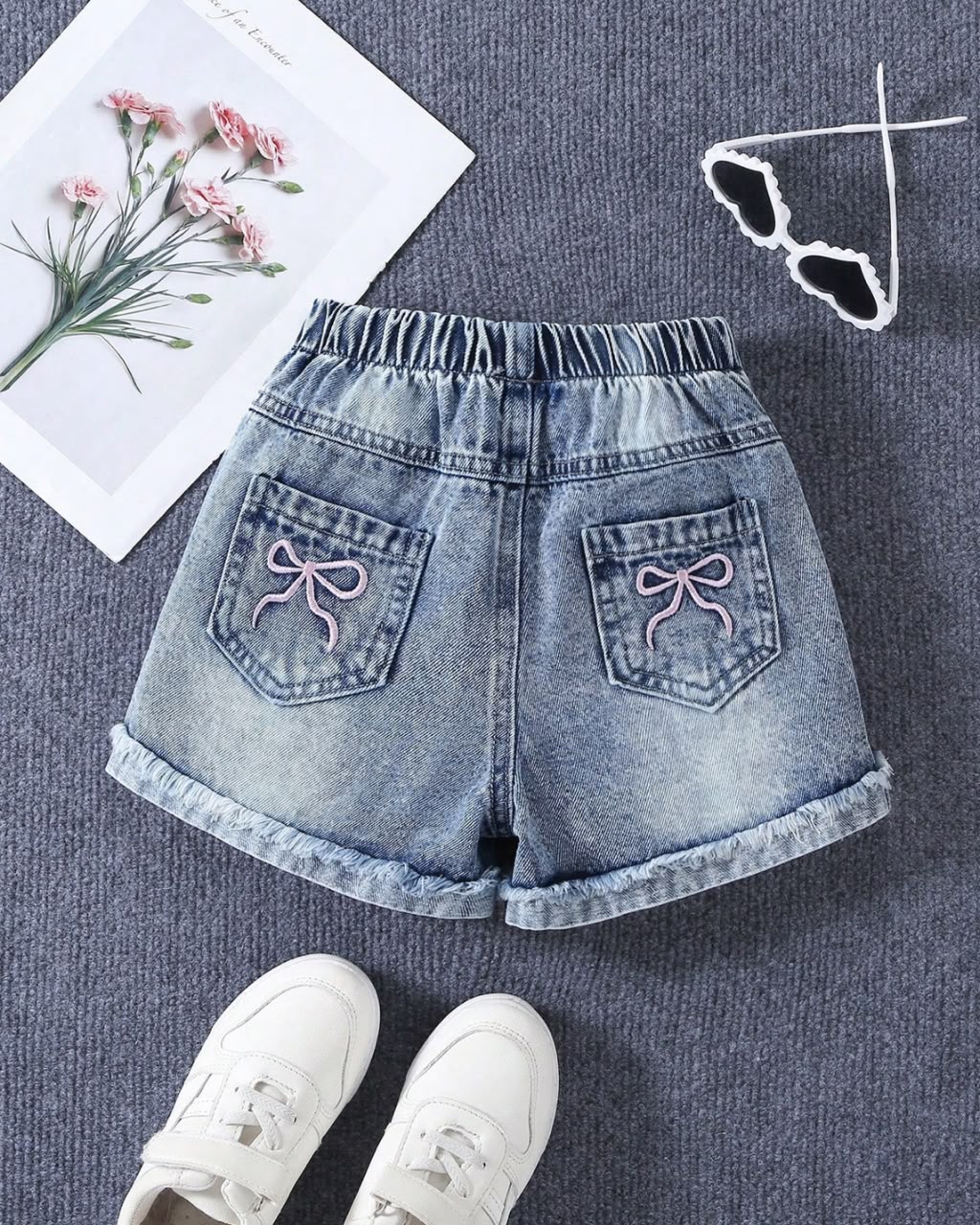 Young Girls Pink Bow Embroidered Loose Fit Light Blue Denim | 4Y - 7Y