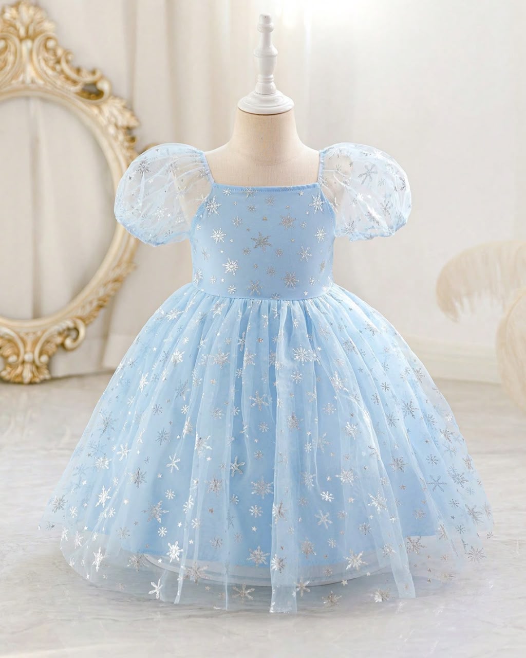 Young Girls Blue Snowflake Foil Petal Sleeve Dress | 6Y - 7Y