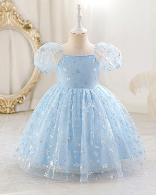 Young Girls Blue Snowflake Foil Petal Sleeve Dress | 6Y - 7Y