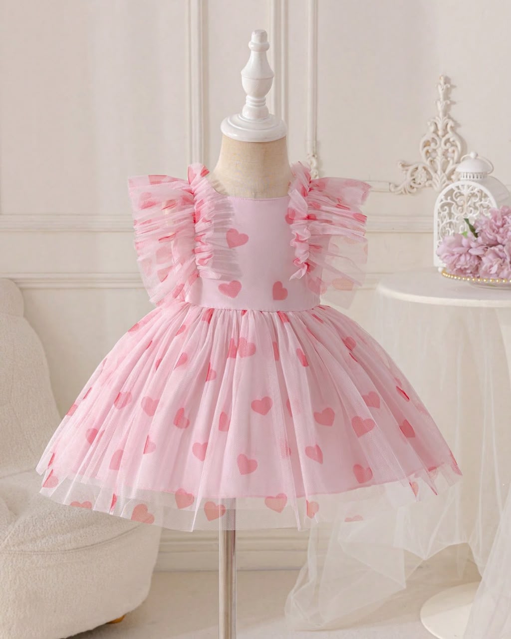 Baby Girls Pink Heart Tulle Ruffle Sleeve Dress | 6M - 24M