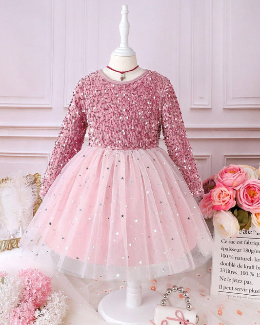 Young Girls Contrast Sequin Mesh Hem Dress | 4Y - 7Y