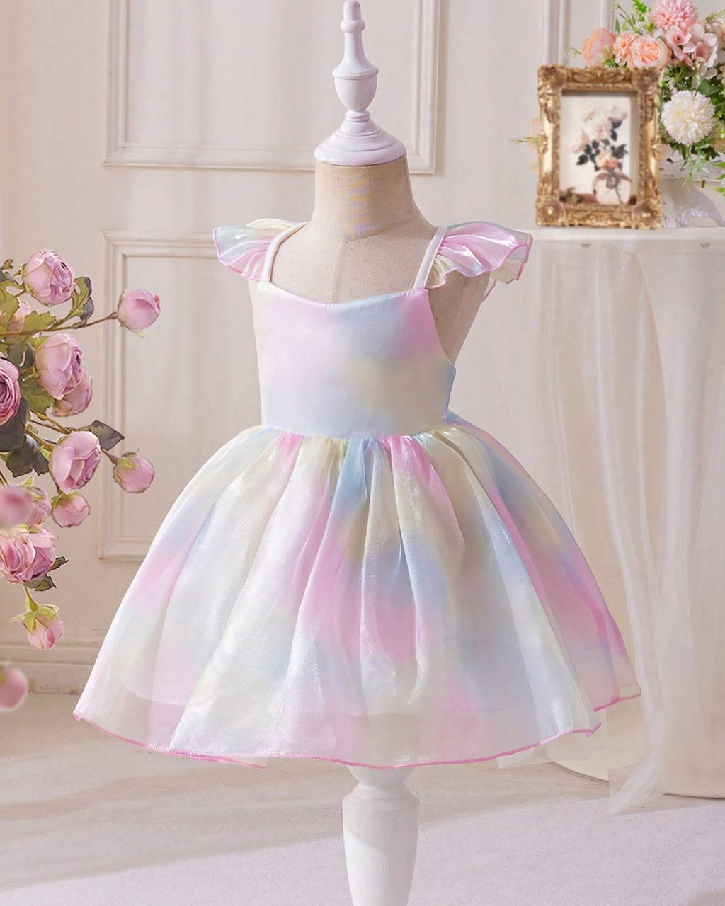 Baby Girls Pink Stripe Mesh Tulle Puff Sleeve Princess Dress | 6-9M