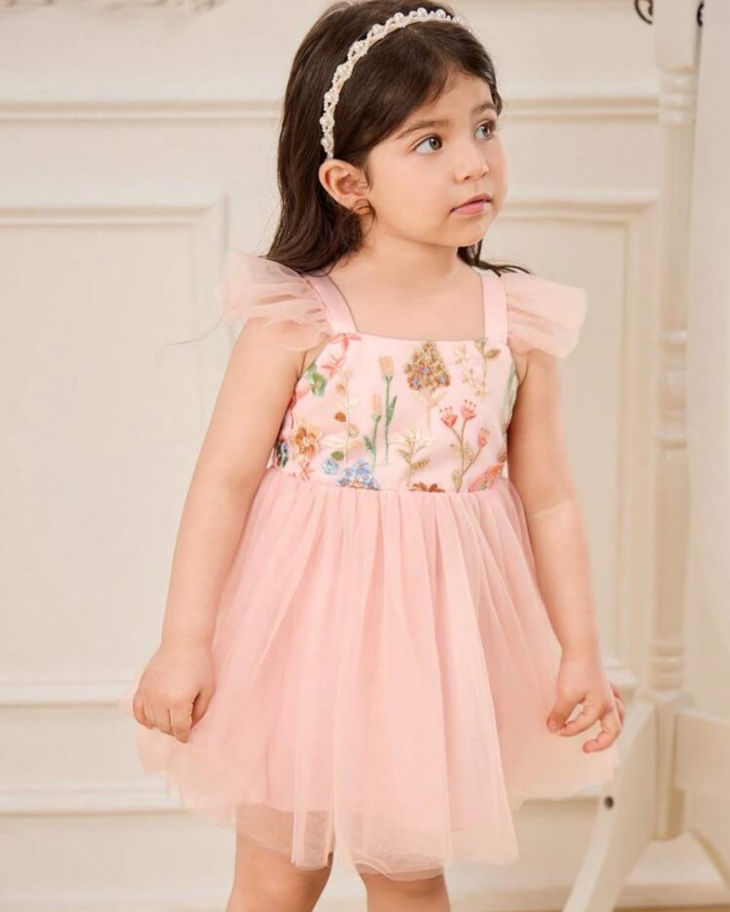 Baby Girls Floral Embroidered Pink Tulle Dress | 6-9M