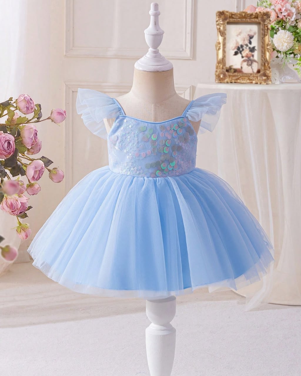 Baby Girls Flutter Sleeve Mesh Overlay Dress | 6M - 24M