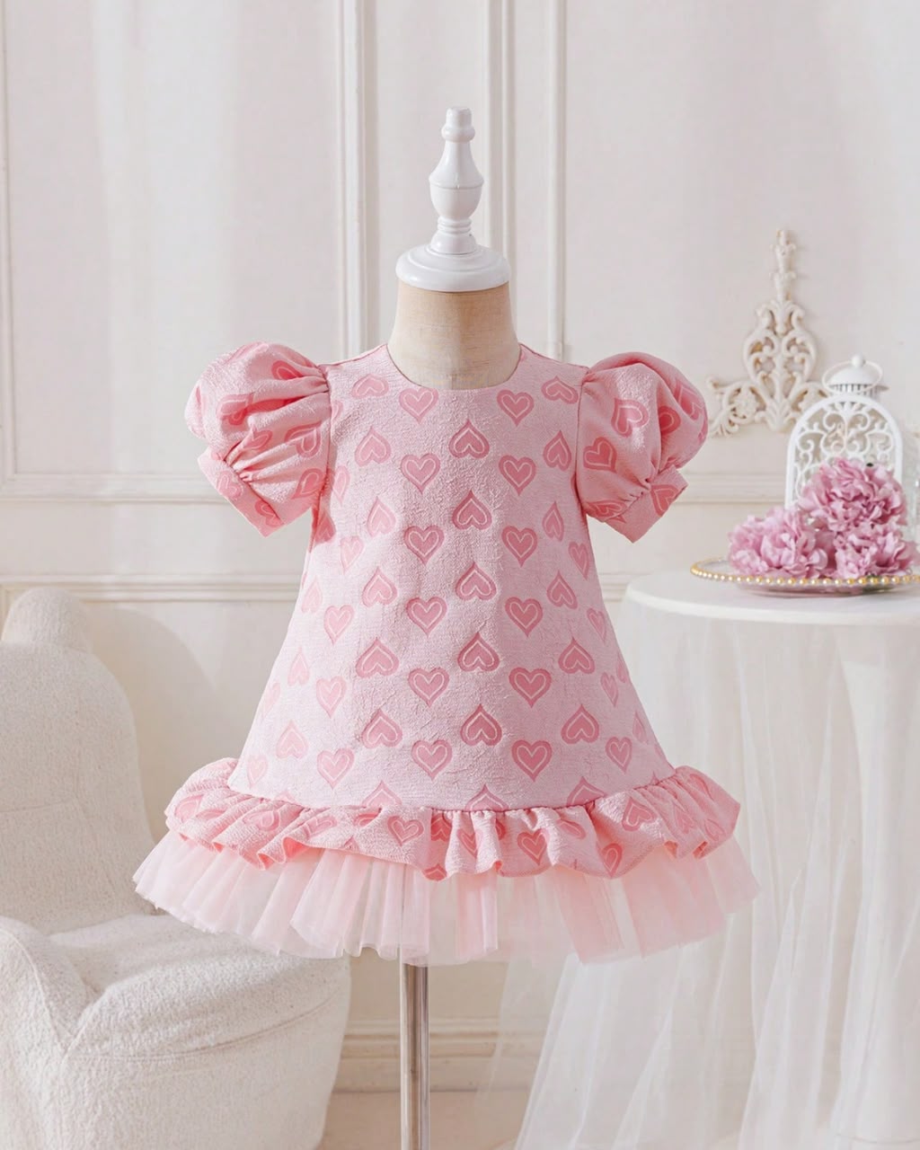Baby Girls Heart Printed With Puff Sleeve Ruffle Tulle Hem Dress | 6M - 3Y