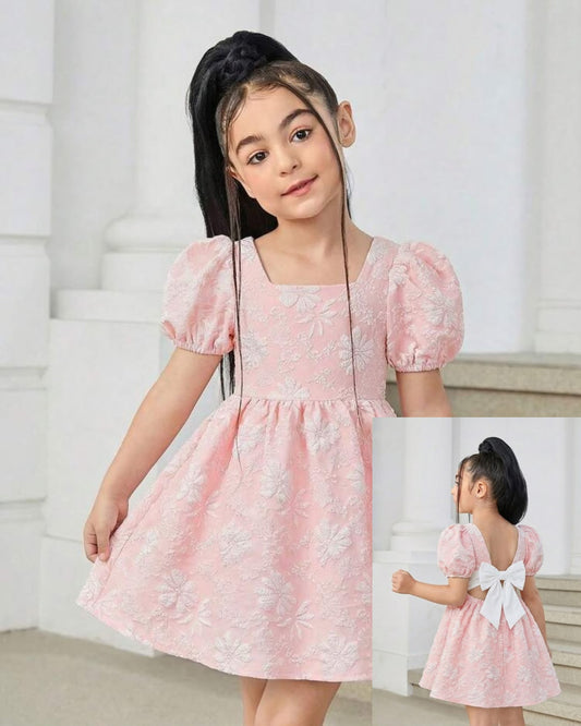 Young Girls Pink Floral Jacquard Dress | 4Y - 7Y