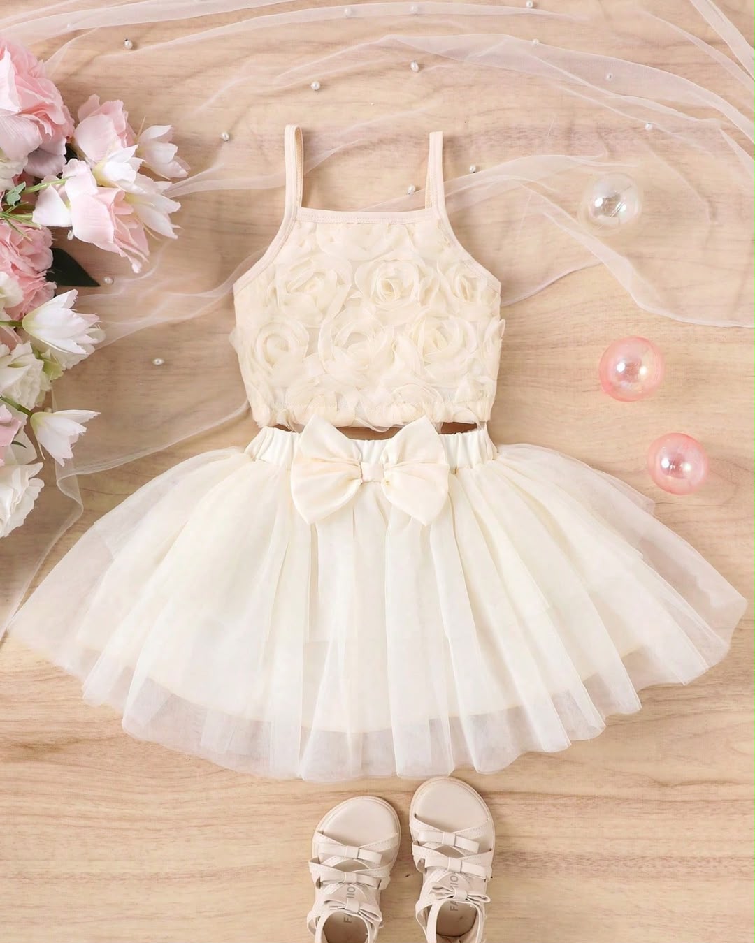 Baby Girls Cute Mesh Rose Flowers Camisole Top & Princess Mini Skirt Set | 12M - 3Y