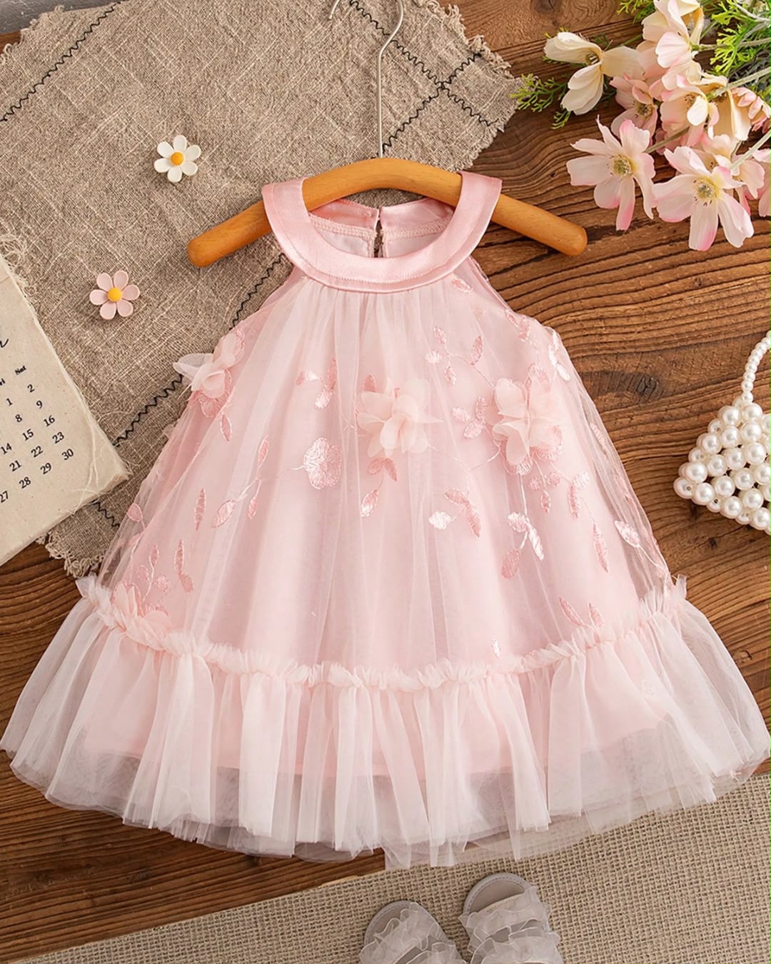 Baby Girls Pink Floral Embroidered Tulle Halter Dress | 9M - 4Y