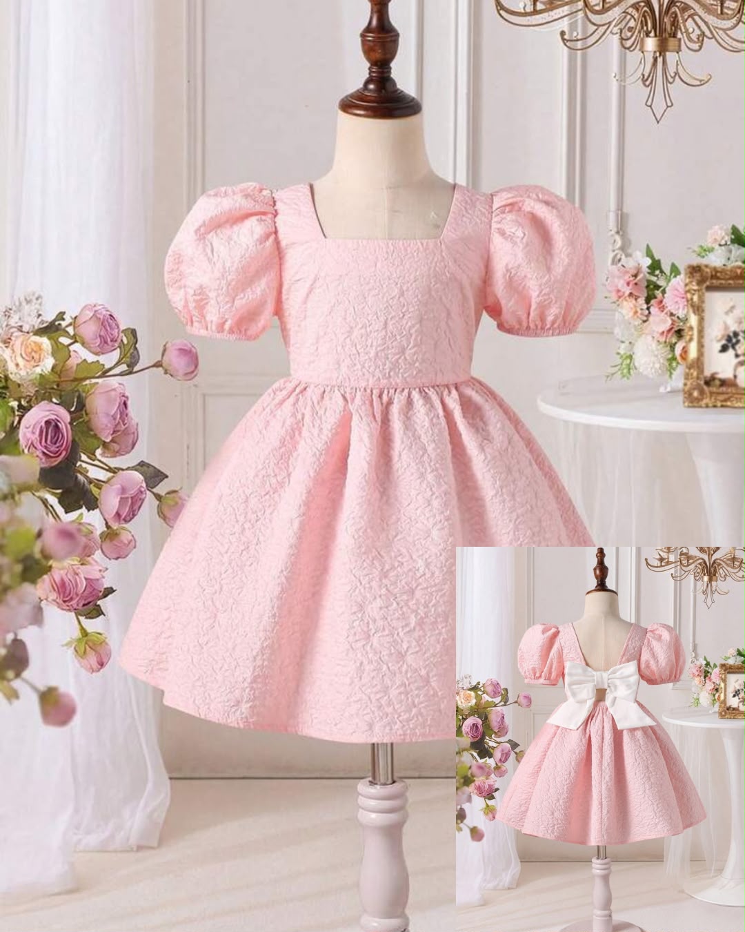 Young Girls Pink Puff Sleeve Jacquard Ruffle Dress | 4Y - 7Y