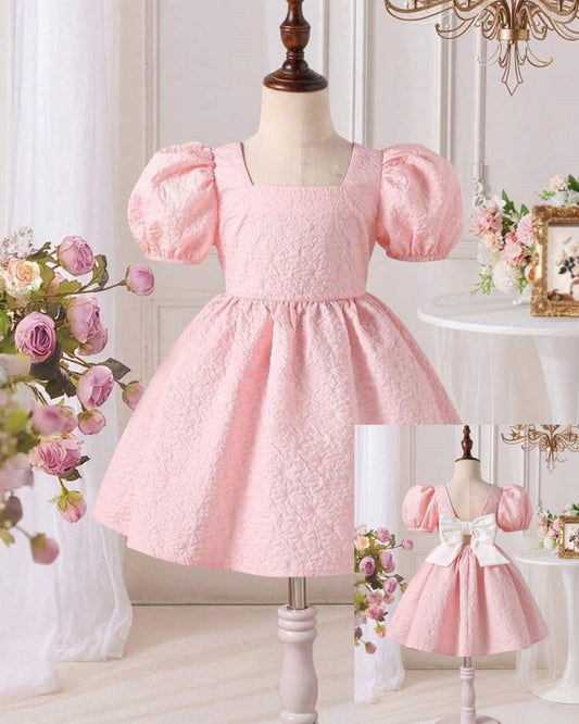 Young Girls Pink Puff Sleeve Jacquard Ruffle Dress | 4Y - 7Y