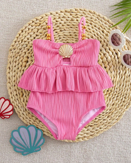 Baby Girls Seashell Trim Monokini With Ruffle Swimsuit | 6M - 3Y