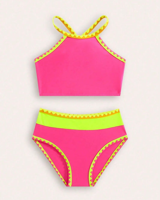 Young Girls New Stylish Girls 2 Pieces Colorblock Bikini Set | 4Y - 7Y