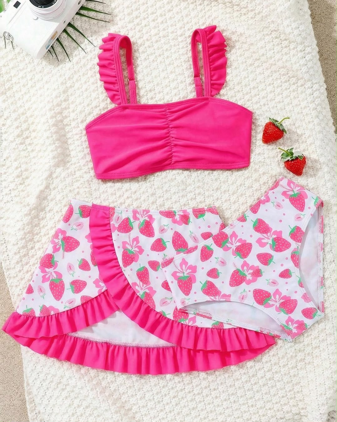 Young Girls Strawberry Pattern Strap Ruffle Trim Sweet Top & Shorts With Skirt Cover Up Set | 4Y - 7Y
