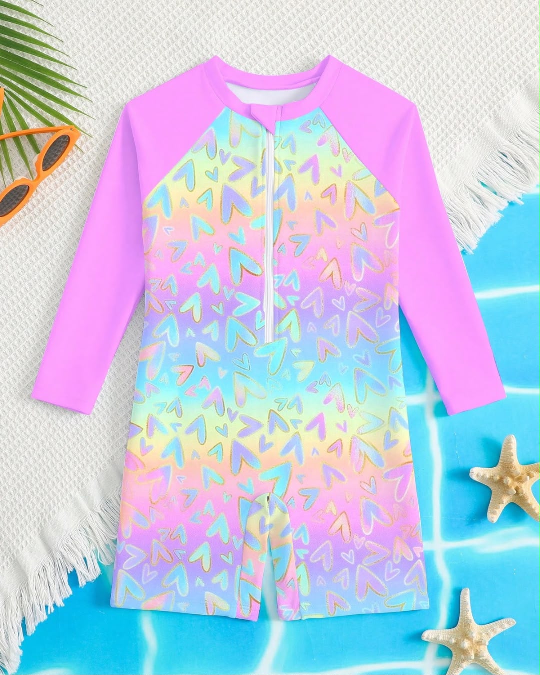 Young Girls Heart Pattern Ruched Long Sleeve One-Piece Swimsuit | 4Y - 7Y