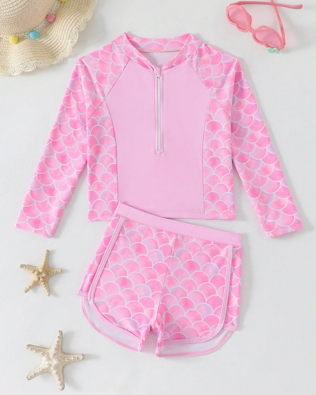 Young Girls Long Sleeve Pink Swim Top & Shorts Set | 4Y - 6Y